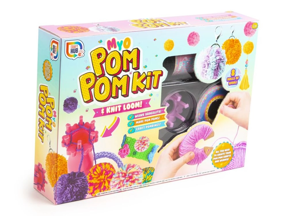 RMS Make Your Own Pom Pom Kit & Knit Loom - 8 balls of colorful wool