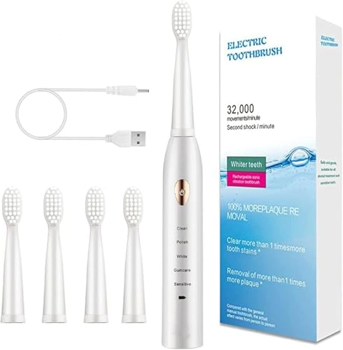 Sonic Electric Toothbrush - 4 Replacement Brush Heads 42000 VPM 5 Cleaning Modes