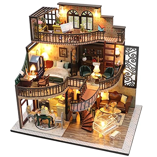 DIY Dollhouse Miniature Kit - Dust Proof Cover Gray Wood