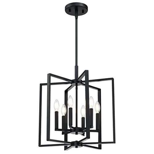 Rustic Farmhouse Hanging Kitchen Island Chandelier - 6 Light Pine Wood Black Metal Frame