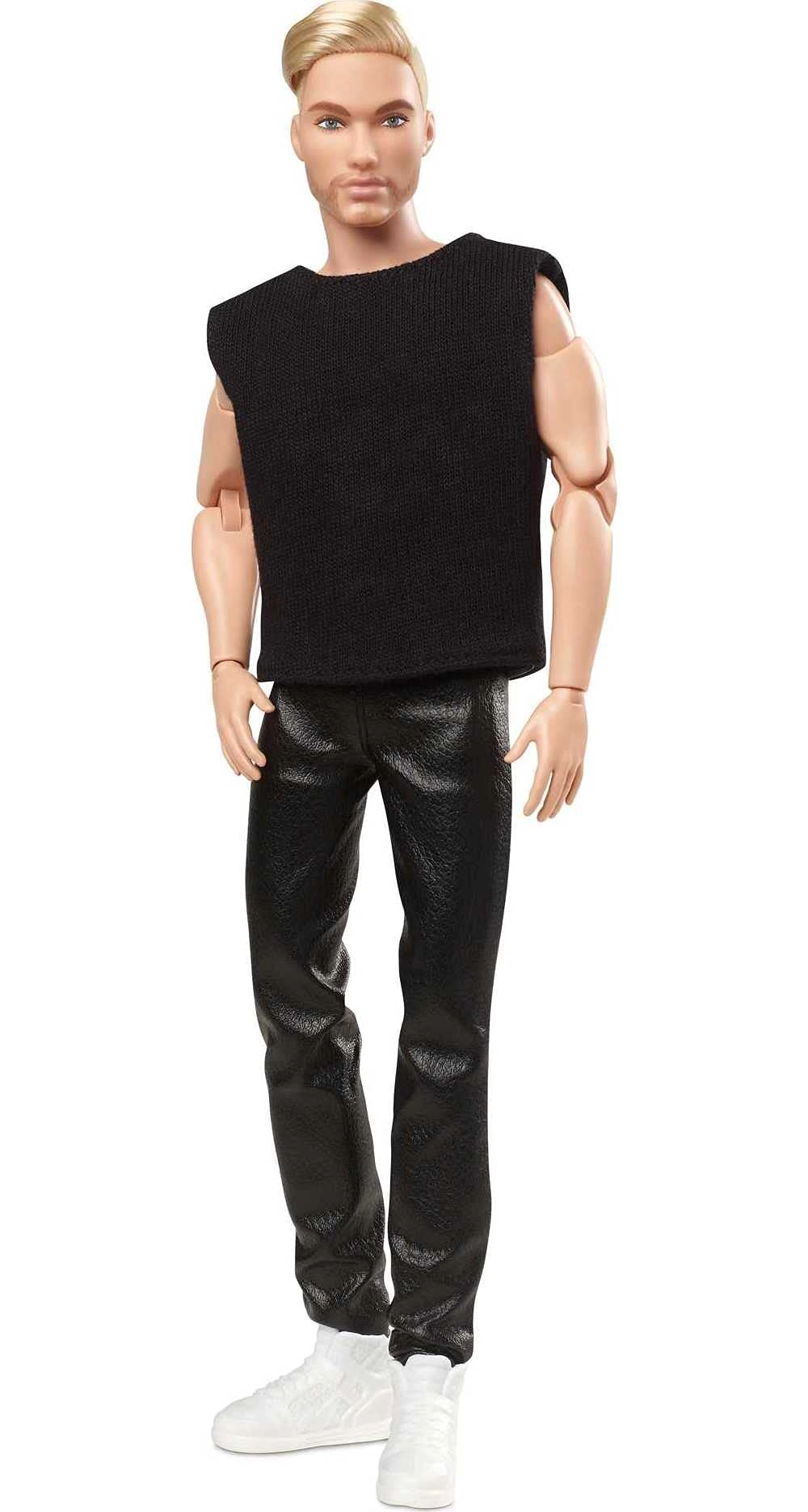 Barbie Signature Looks Ken Doll - Blonde with Facial Hair Black T-Shirt & Vinyl Pants