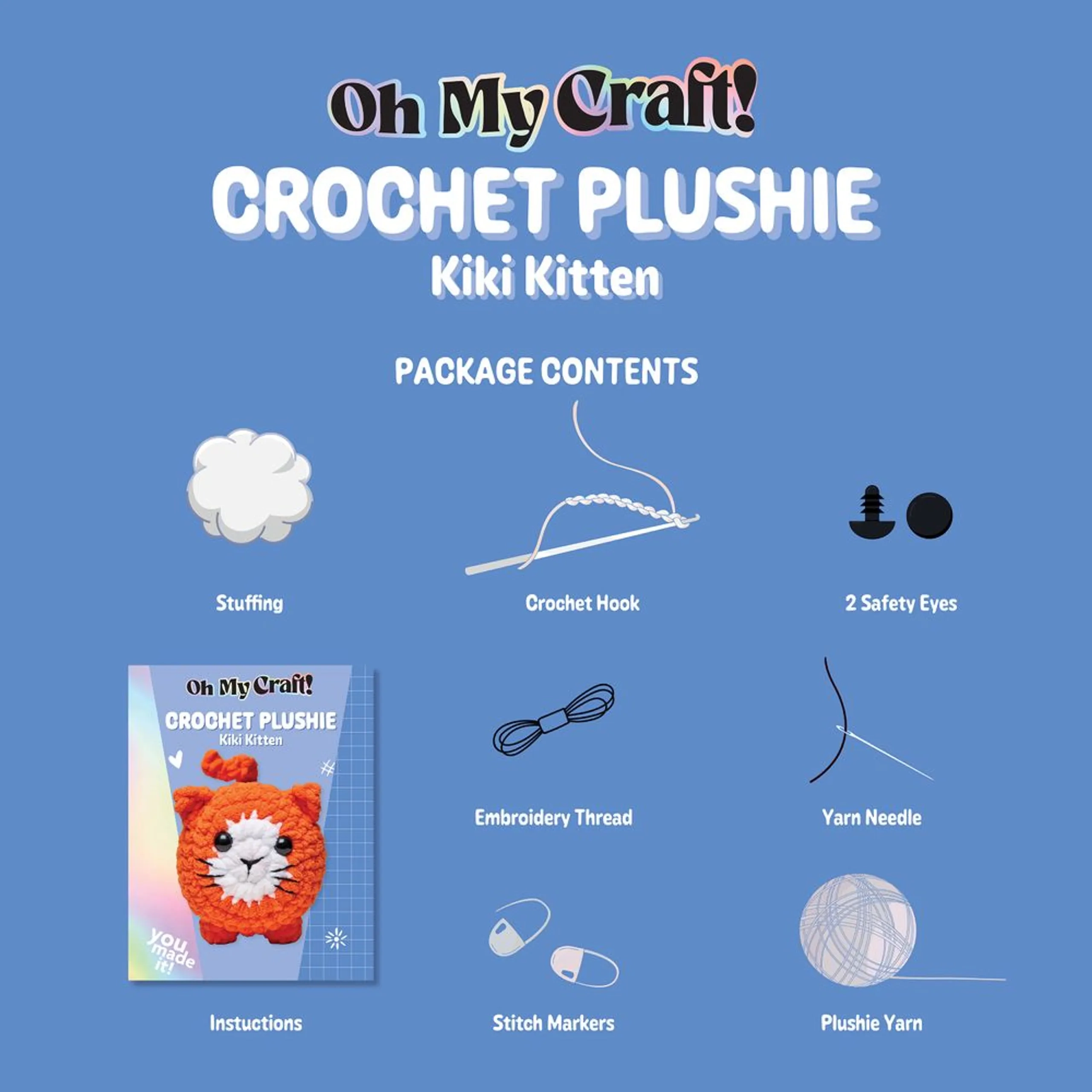 Oh My Craft! Crochet Plushie Craft Kit - Kiki Kitten - 16-page guidebook Chenille yarn