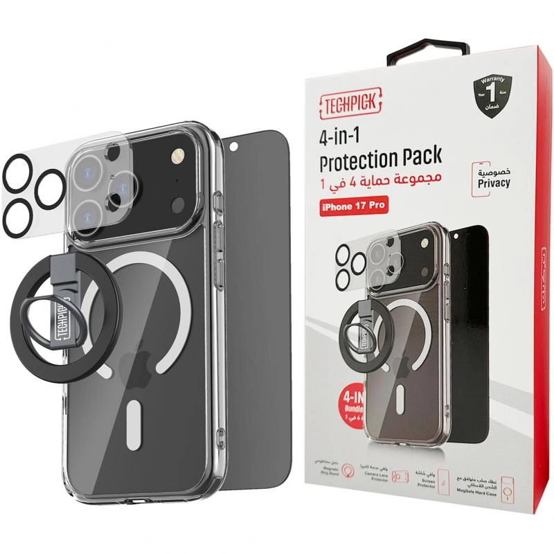 Techpick Clear Case + Privacy Tempered Glass + Camera Lens Protector + Magnetic Stand for iPhone 16 Pro Max