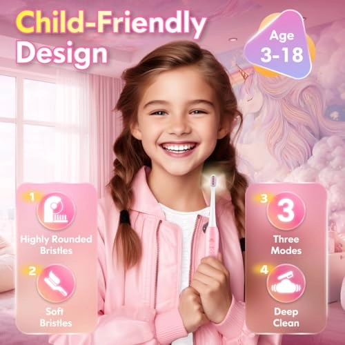 Kids Electric Toothbrush - Rechargeable 3 Modes Unicorn Pink