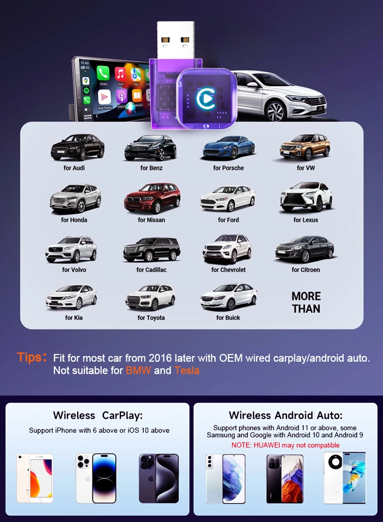 Mini 2-in-1 Wireless CarPlay & Android Auto Adapter - Zero Latency Fast Auto-Connect