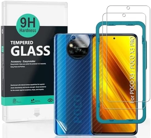 Ibywind HD Tempered Glass Screen Protector + Camera Lens Protector + Carbon Fiber Back Protector for POCO X3 NFC/POCO X3 PRO (2-Pack)