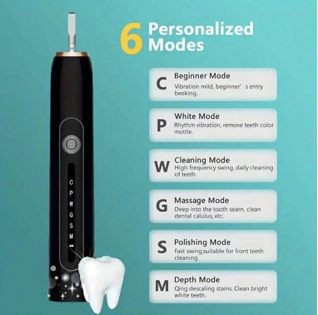 Sonic Electric Toothbrush - Rechargeable 4 Brush Heads 6 Modes