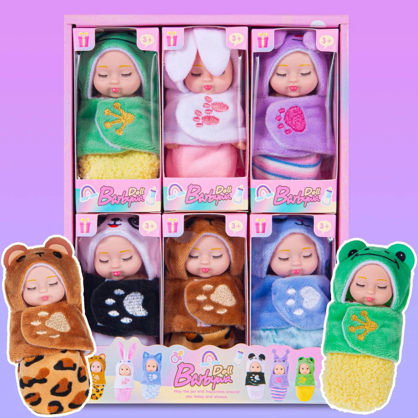 Mini Baby Doll - 4 inch Animal Sleeping Bag 6 Pack