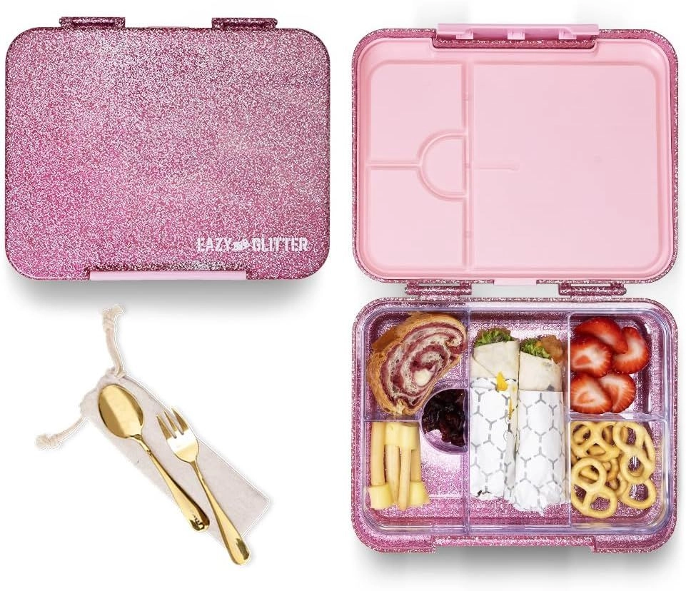 Bento Lunch Box - Glitter Pink + Water Bottle - 550 ml + Spoon + Fork + Cutlery Bag