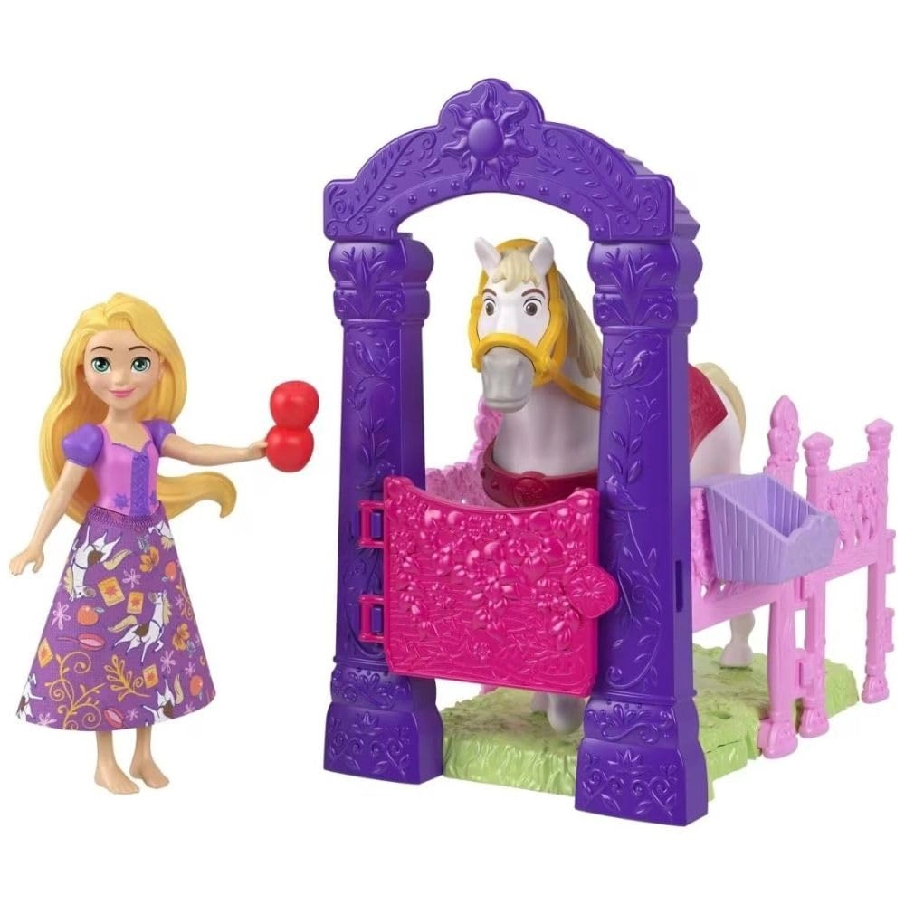 PT Mattel Indonesia (East) Rapunzel Doll - 3.5" + Maximus Horse - Removable Saddle and Bridle + Stable Playset - Stall Door