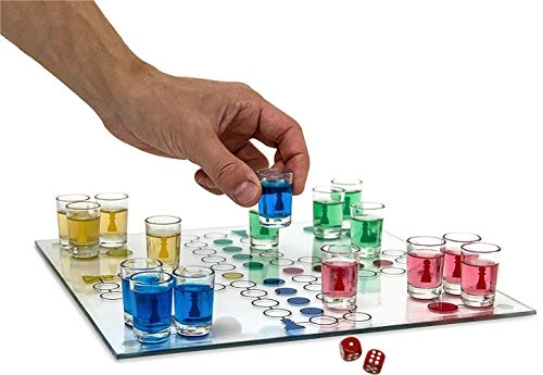 Ludo Drinking Game - 16 Shot Glasses 2 Dice Glass Game Board