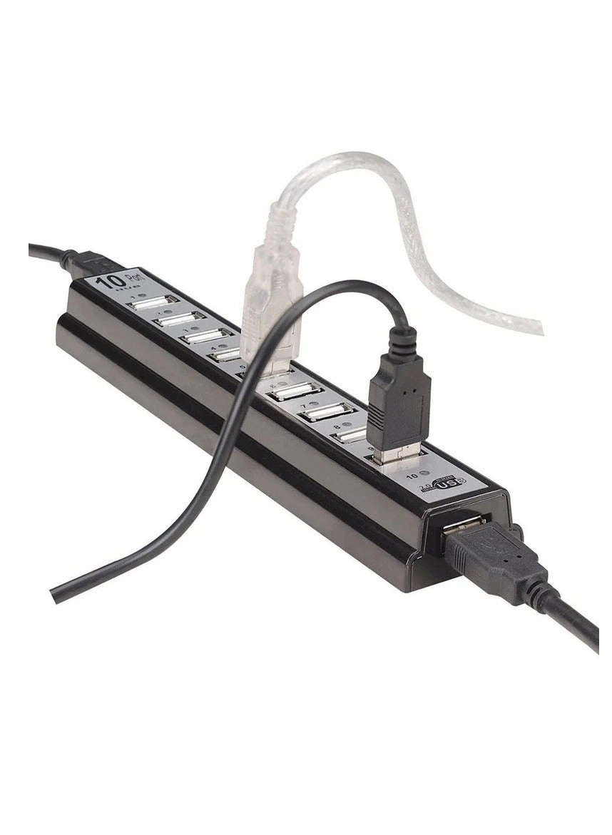 10 Port USB Hub - High Speed Black