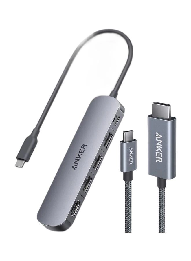 Anker USB-C Hub - 5-in-1 100W Max Power Delivery + USB C to HDMI Cord - 4K@60Hz 3 FT