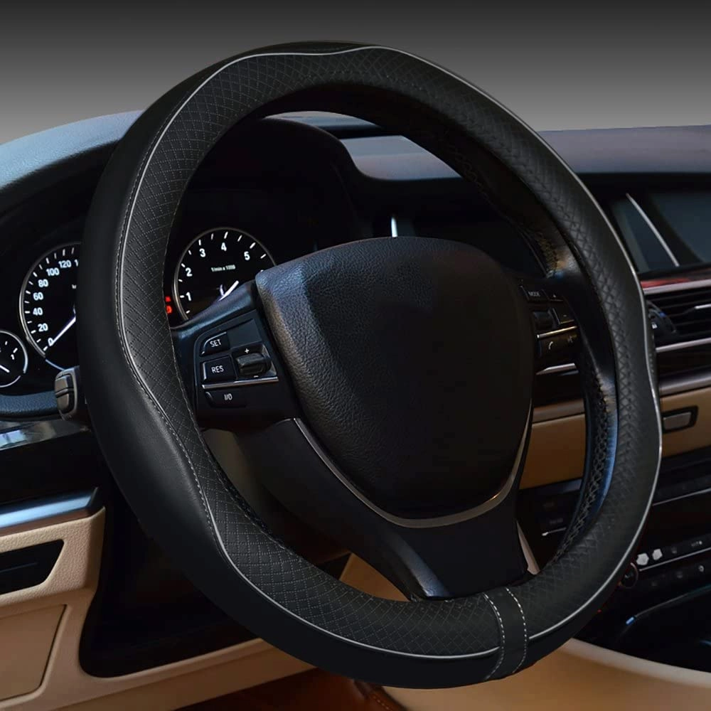 Gomass Steering Wheel Cover - Black Leather 15 Inches