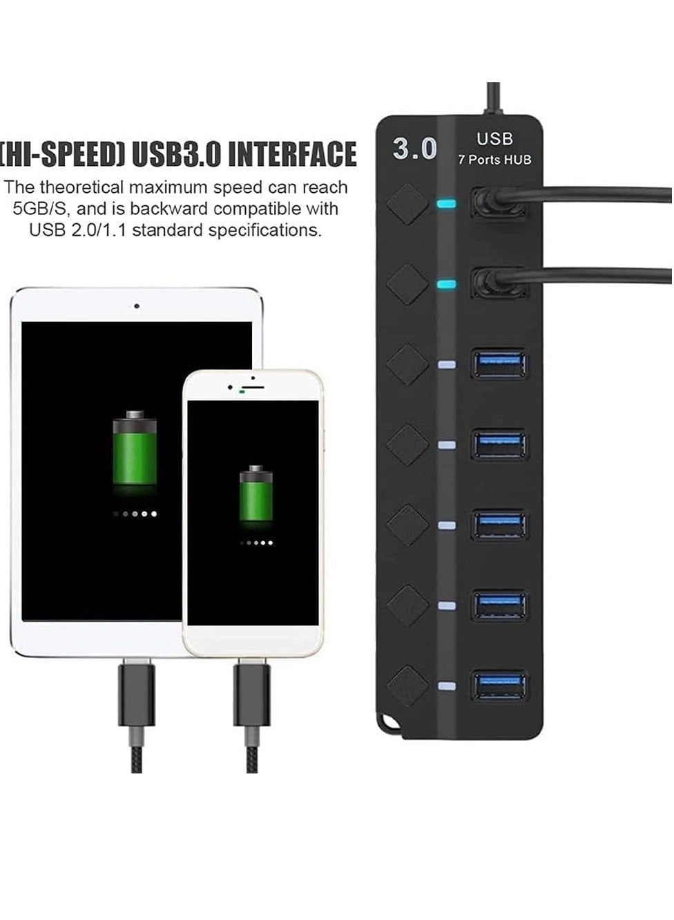 7-Port USB 3.0 Hub - Individual Power Switches 5Gbps