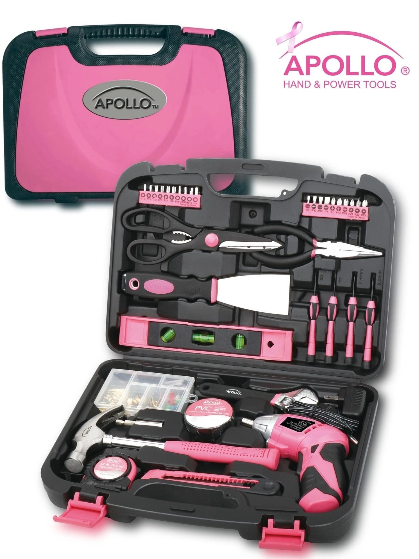 Household Hand Tools Set - 135 Piece Pink 3.6V Lithium-Ion Cordless Screwdriver