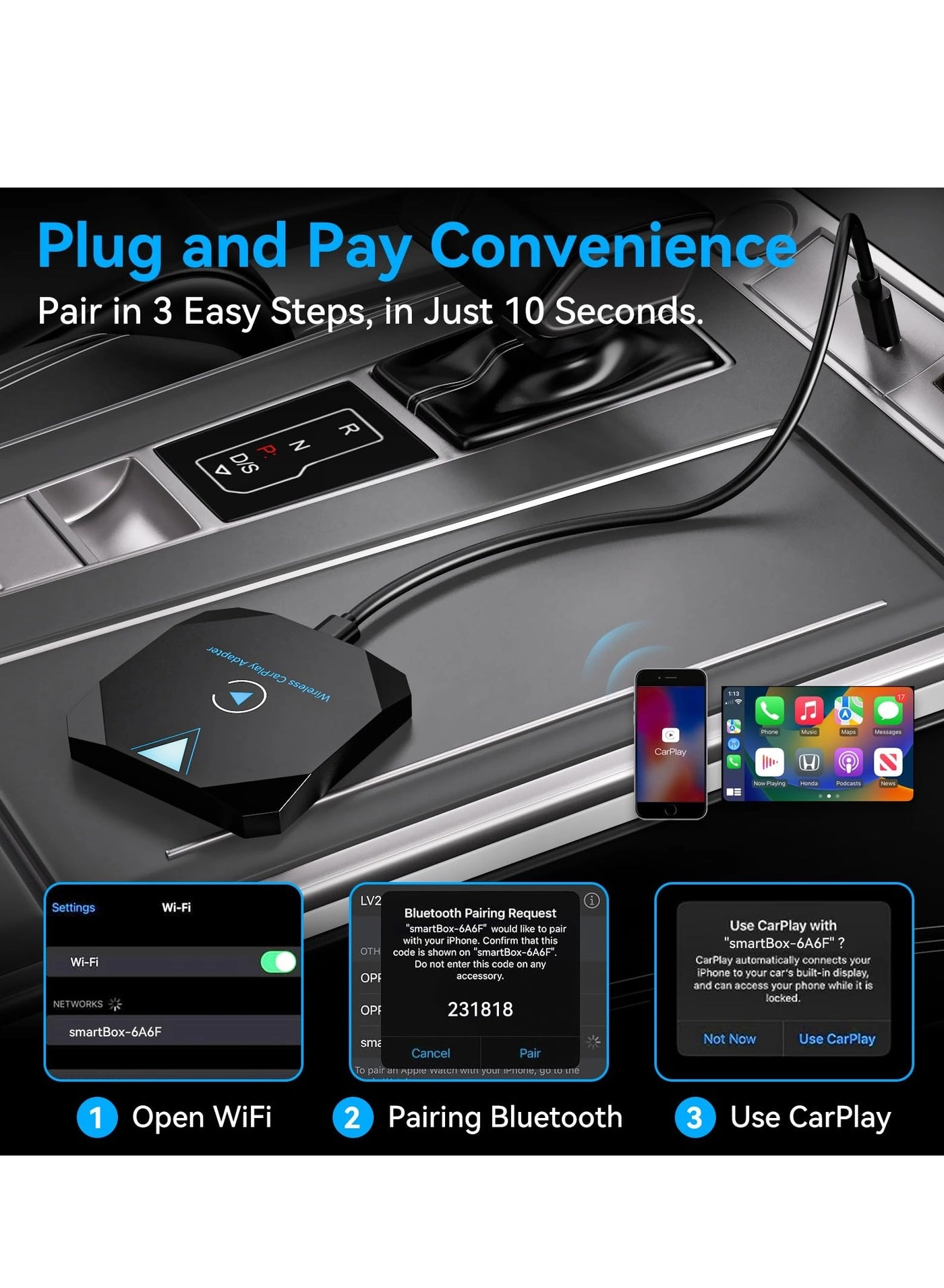 Wireless CarPlay Adapter - Bluetooth WiFi iPhone iOS 10+ 2015+ Cars