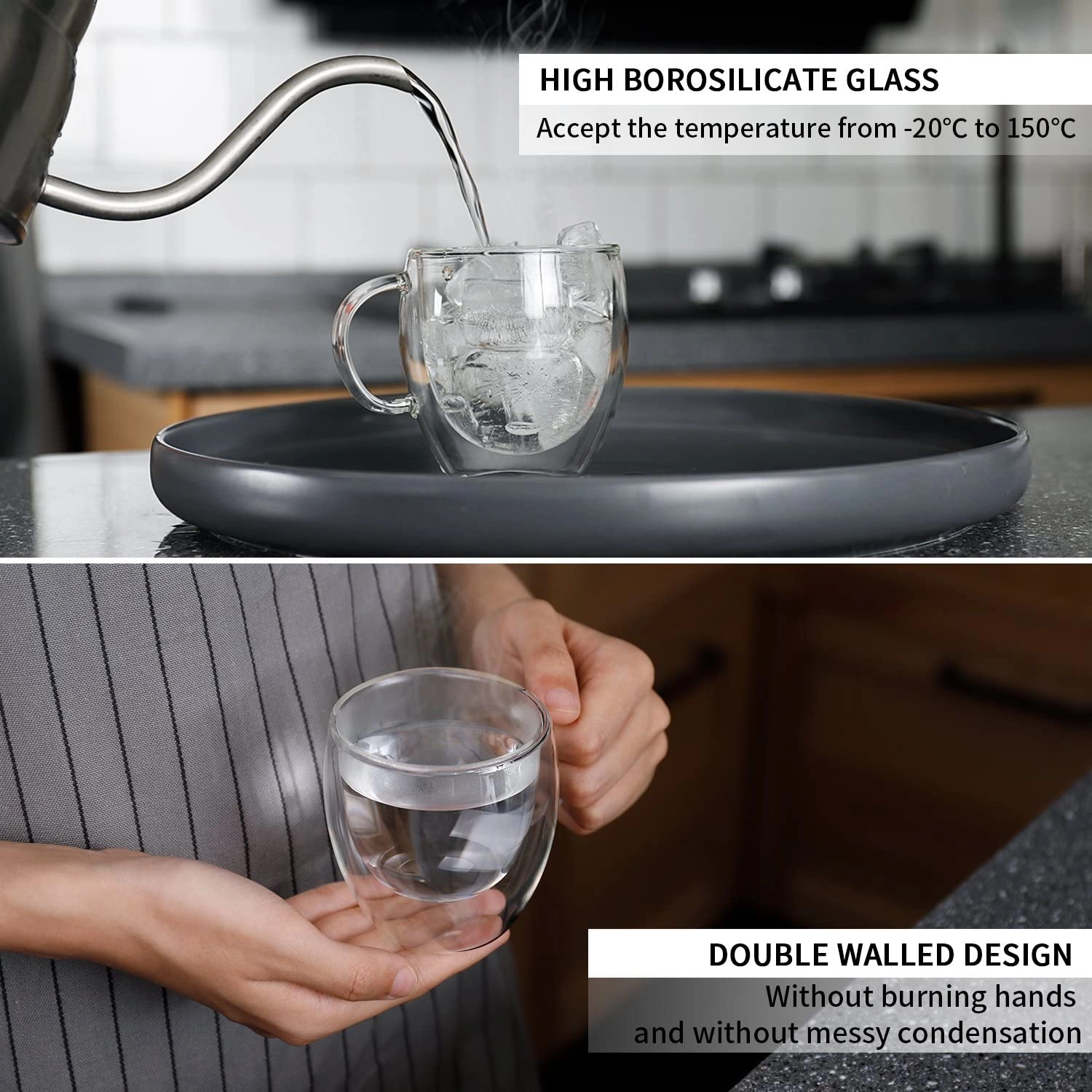 Double Wall Insulated Glass Cup with Handle - 2 pcs - 150 ml