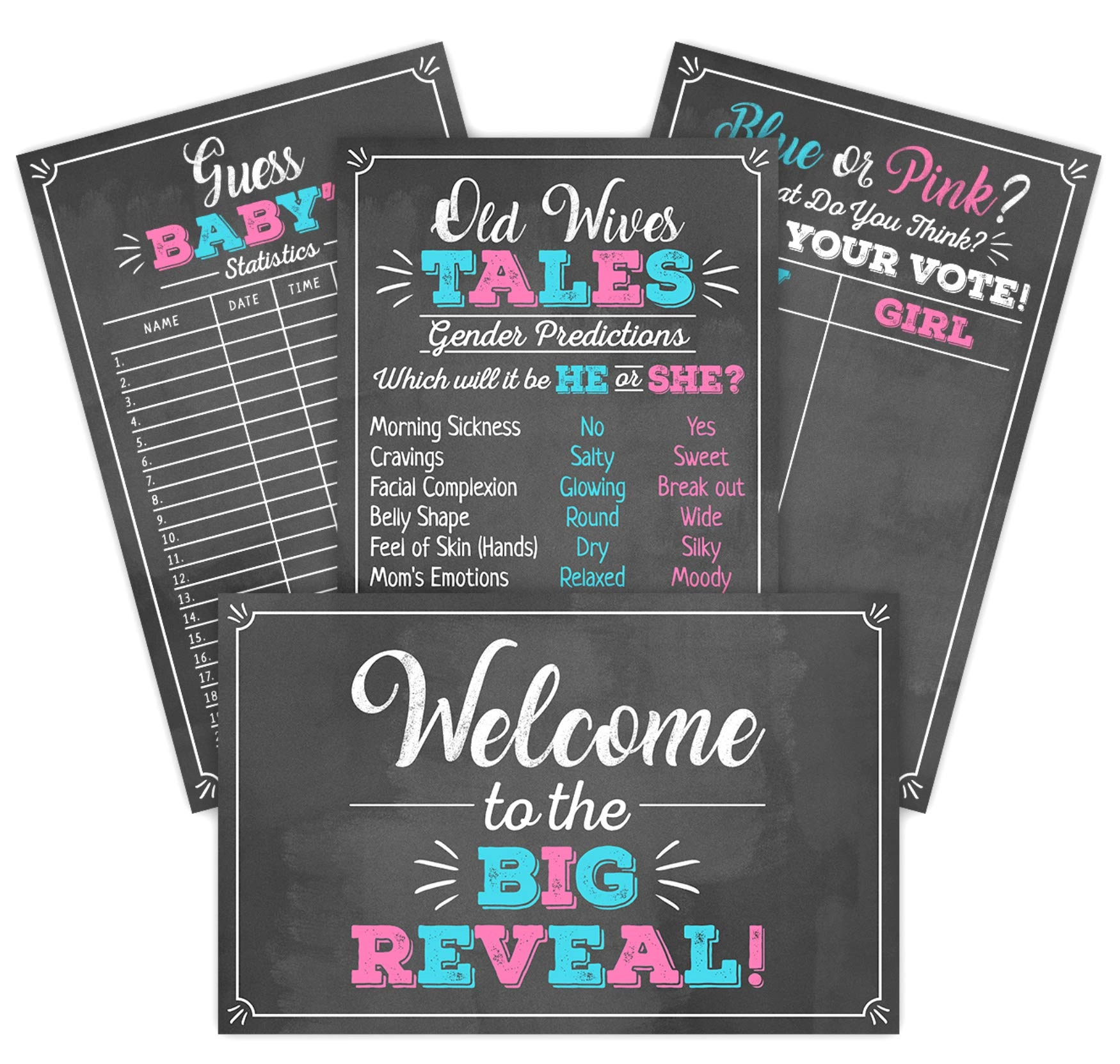 Pink Pixie Studio Gender Reveal Party Game Decoration Kit - 4 Posters