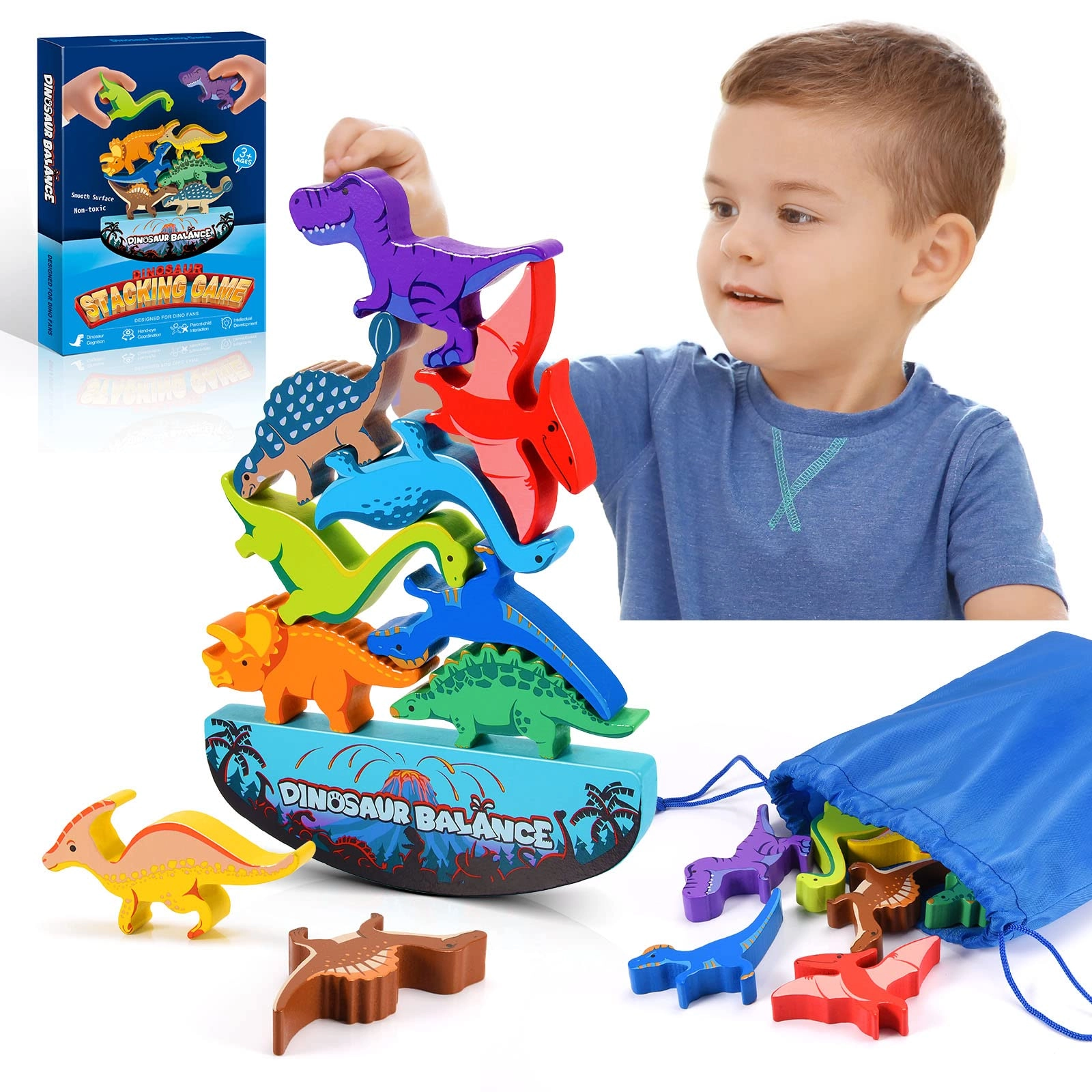 IPOURUP Wooden stacking montessori toys - Ankylosaurus,Tyrannosaurus,Teiceratops,Parasaurolophus,Brachiosaurus,Pterodactyl,Spinosaurus,Piesiosaur,Dilophosaurus,Stegosaurus 11 pcs