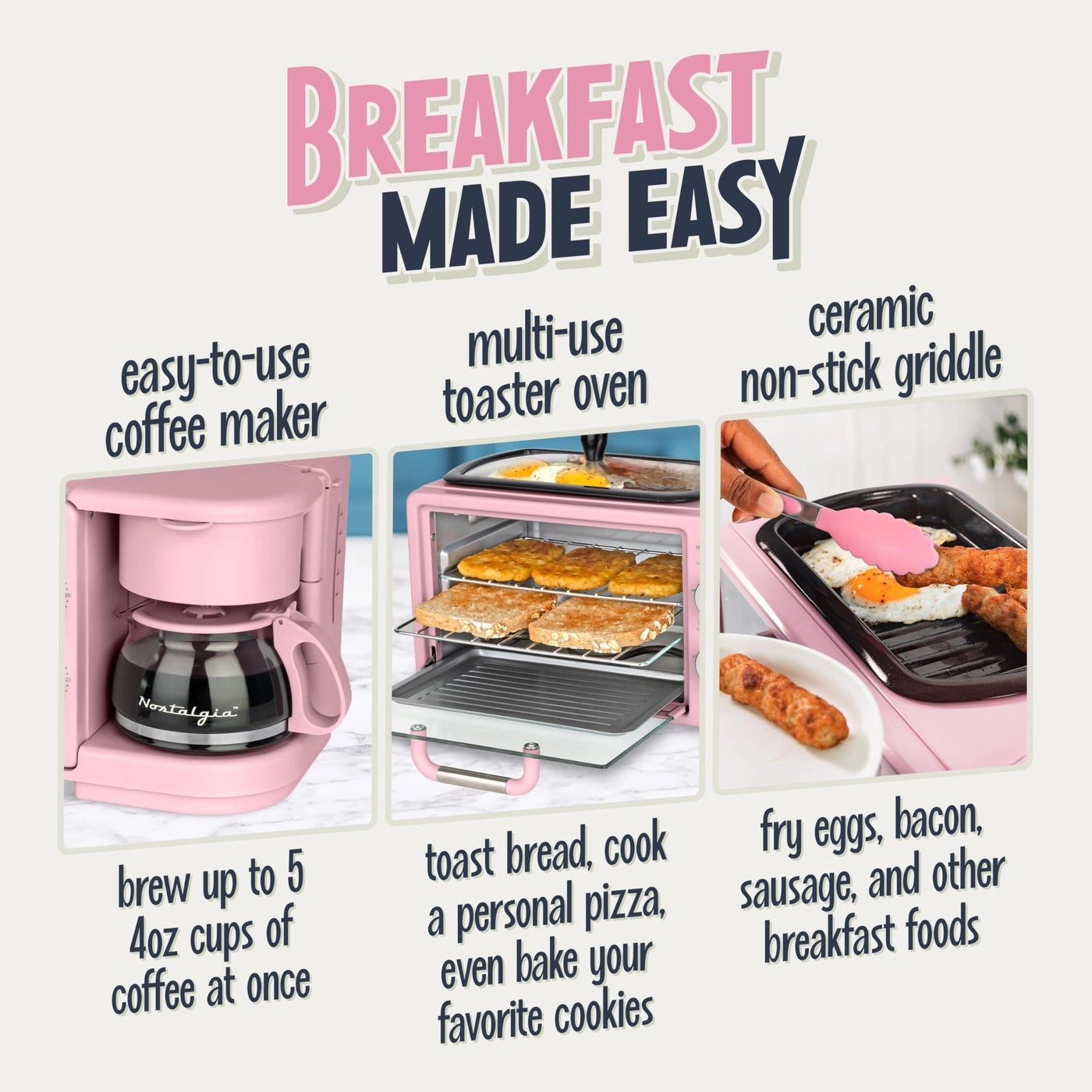 3-in-1 Retro Breakfast Station - 5 Cups Non-Stick Ceramic Griddle 4-Slice Toaster Oven