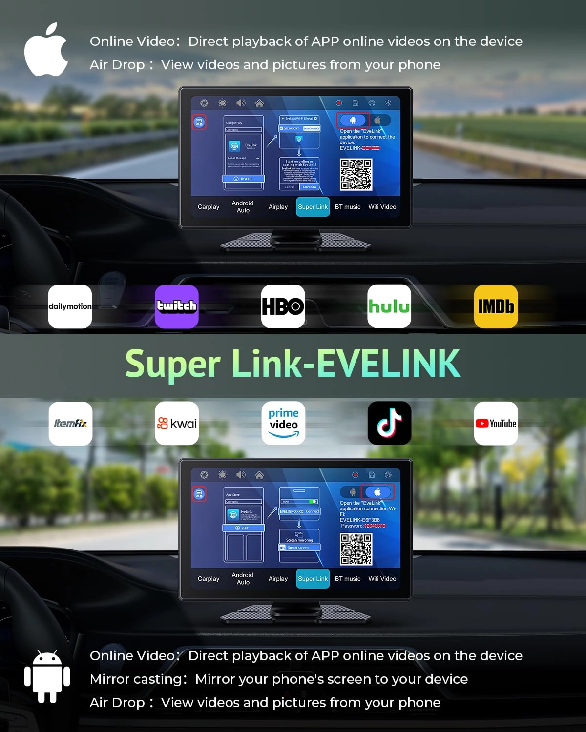 Carplay Screen + Android Auto Screen + Dash Cam - 4K + Backup Camera + Portable Screen - 9" HD IPS