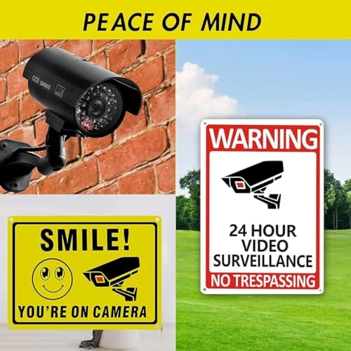 Fake Security Camera - 4 Pack + Warning Sign - Aluminum + Screw - 24