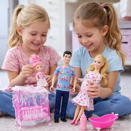 Family Doll Set - Mother Father Baby Dolls Crib Bath Accessories Ages 3+