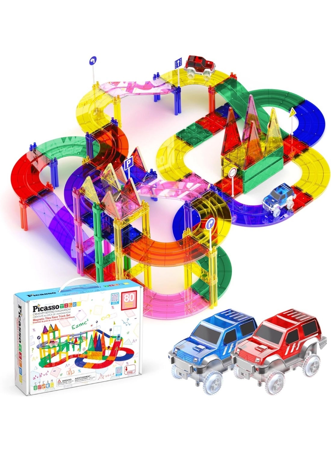 PicassoTiles Magnetic Tiles Race Track - 80 pcs