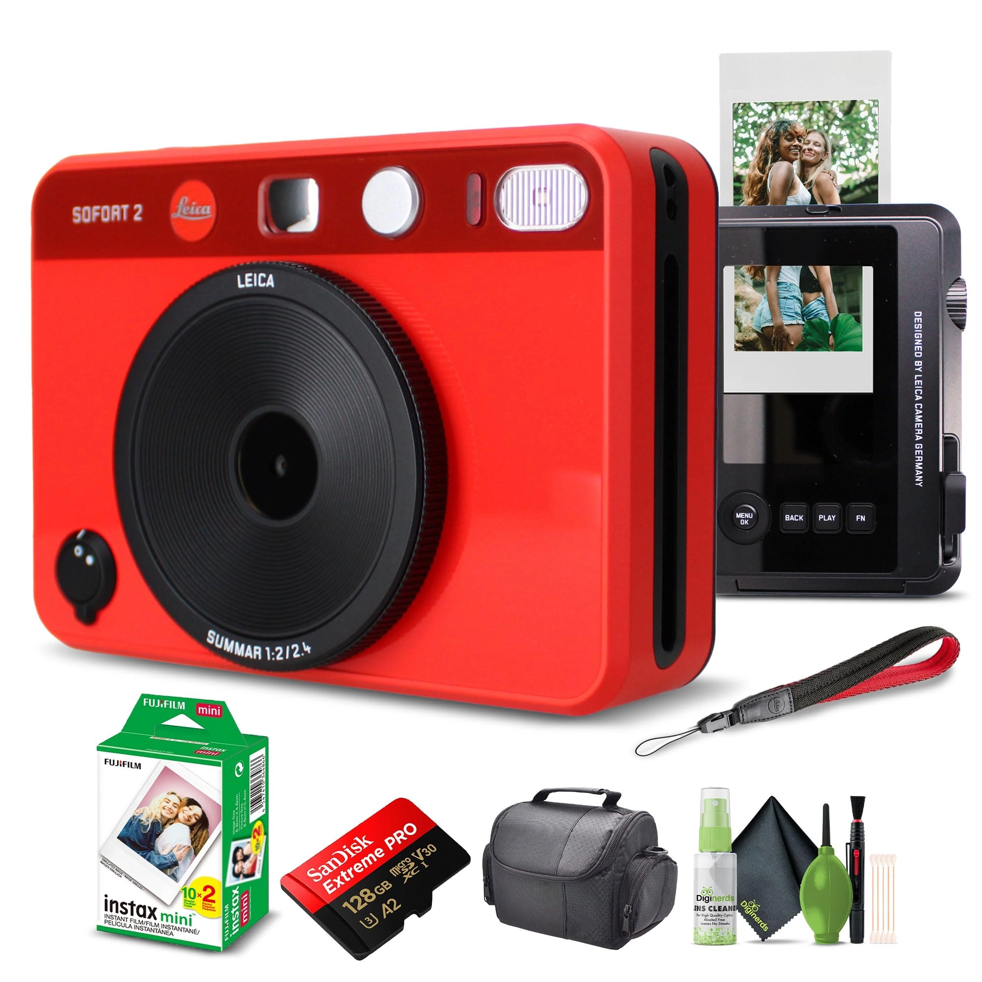Leica Sofort 2 - 4.9MP + Instax Mini Instant Film - 20 Exposures + microSDXC Extreme Pro - 128GB + Travel Bag + Cleaning kit
