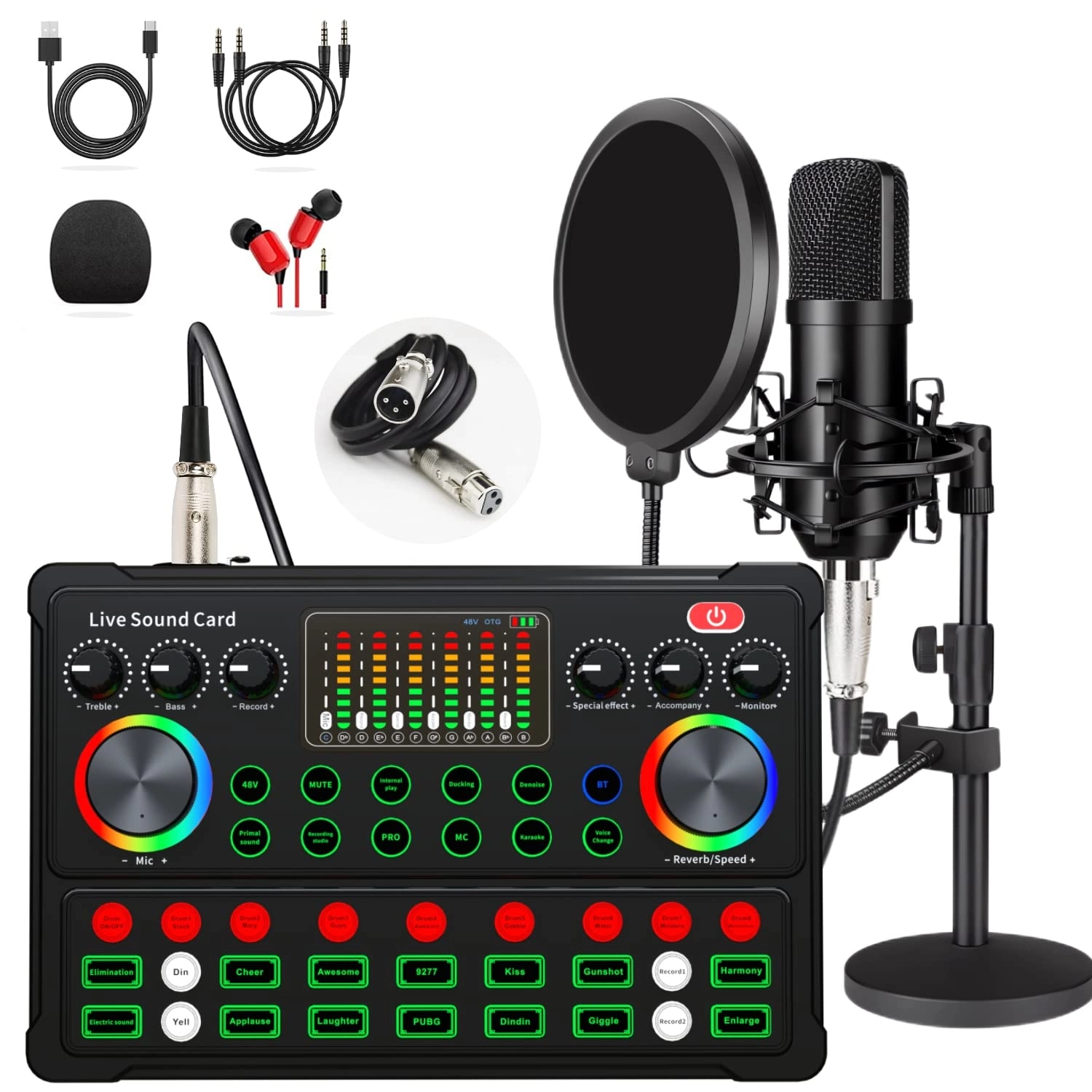 sktome BM-800 XLR+USB Microphone + V8 Live Mixer + 3.5mm Earphone + Microphone Stand + Shock Mount + Pop Filter + Foam Cap + XLR to XLR Cable + USB to Type C Cable + 3.5mm TRRS Audio Cable