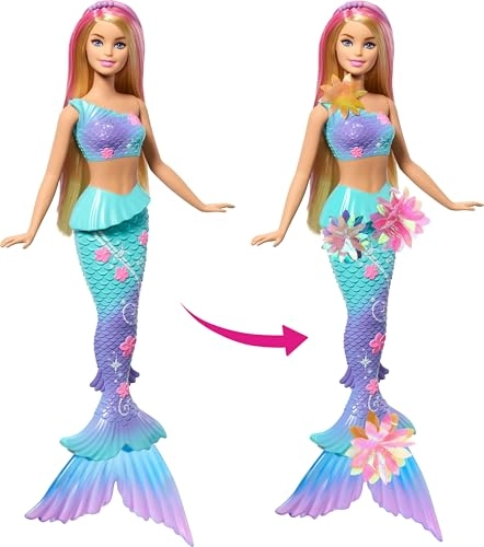 Barbie Flower Magic Mermaid - Long Blonde Hair Pink Highlights Ombre Tail Ages 3+
