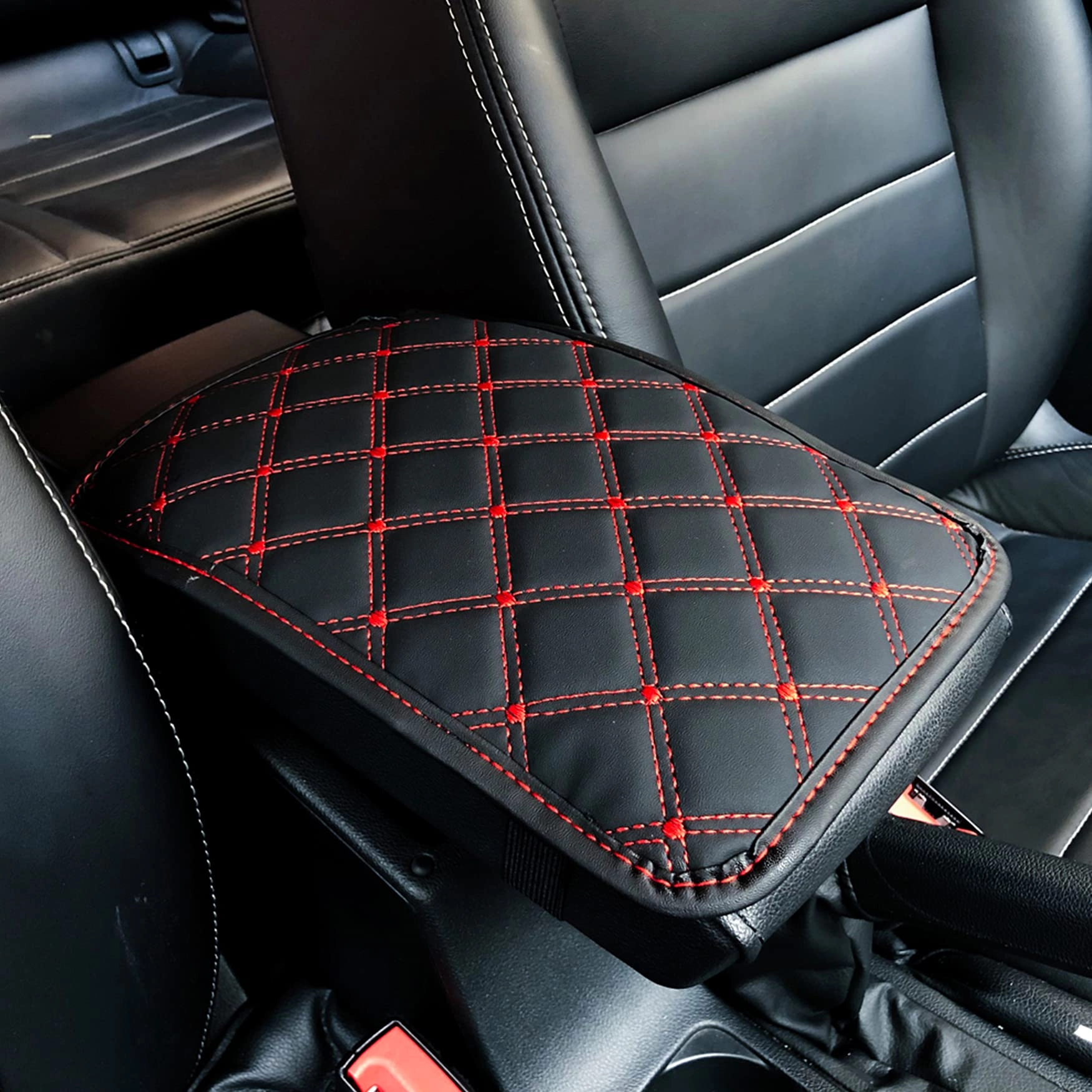 Car Armrest Cover - PU Leather Black&Red