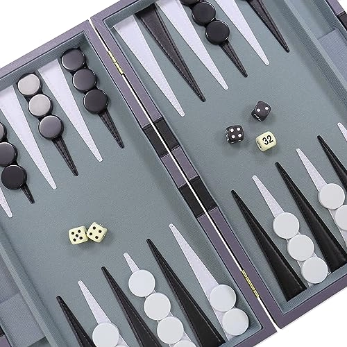 Backgammon Set - Premium Leather Case Blue Grey