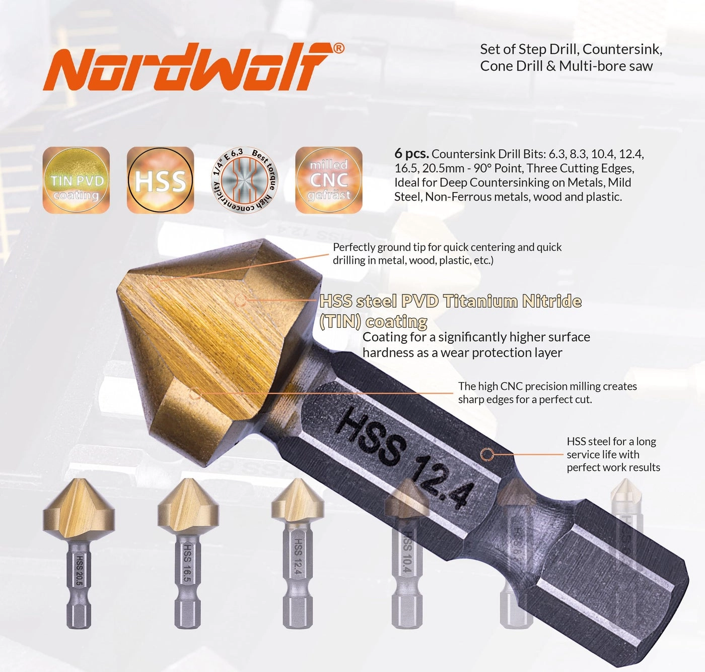 HSS Titanium Metric Step, Countersink, Cone Drills - 12-Piece