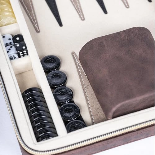Backgammon Set - Foldable Leather Backgammon Case 30 Artificial Horn Checkers