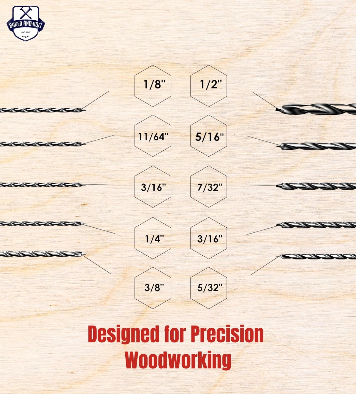 Brad Point Drill Bit Set - High-Speed Steel Titanium Coated 10 Pcs 1/8"-1/2"