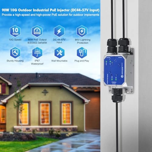 IP67 10G Injector - 44-57 Vdc 90W 1 IEEE 802.3 af/at/bt 10/100M/1G/2.5G/10Gbps