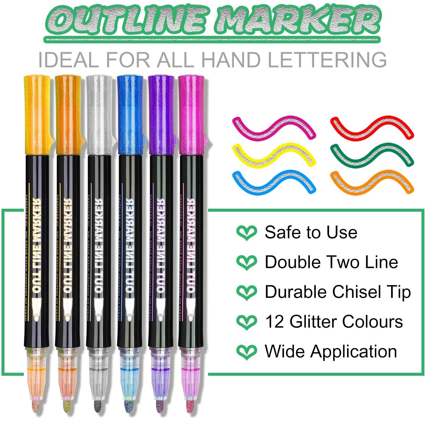 Outline Marker Pens - 12 metallic glitter colours Dual Fibre