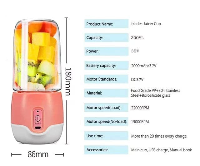 Juicer Portable Blender - USB Rechargeable 4 Blades 2000mAh