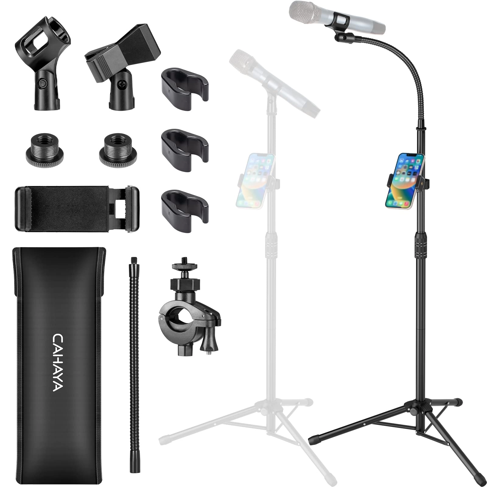 CAHAYA Dual-use Gooseneck Floor Mic Stand - Universal Smartphone Holder Carrying Bag