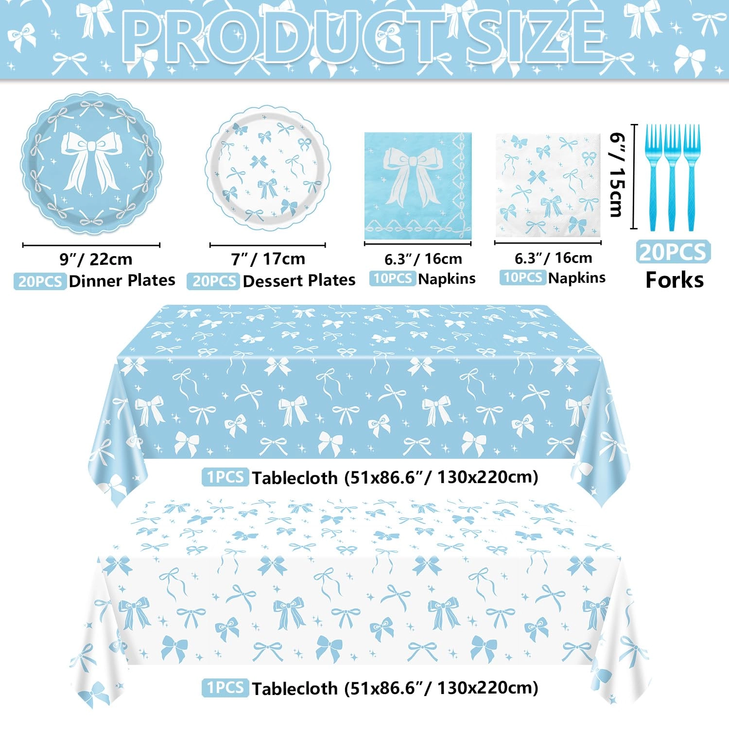Blue Bow Party Supplies Set - 82.0 Count Baby Shower