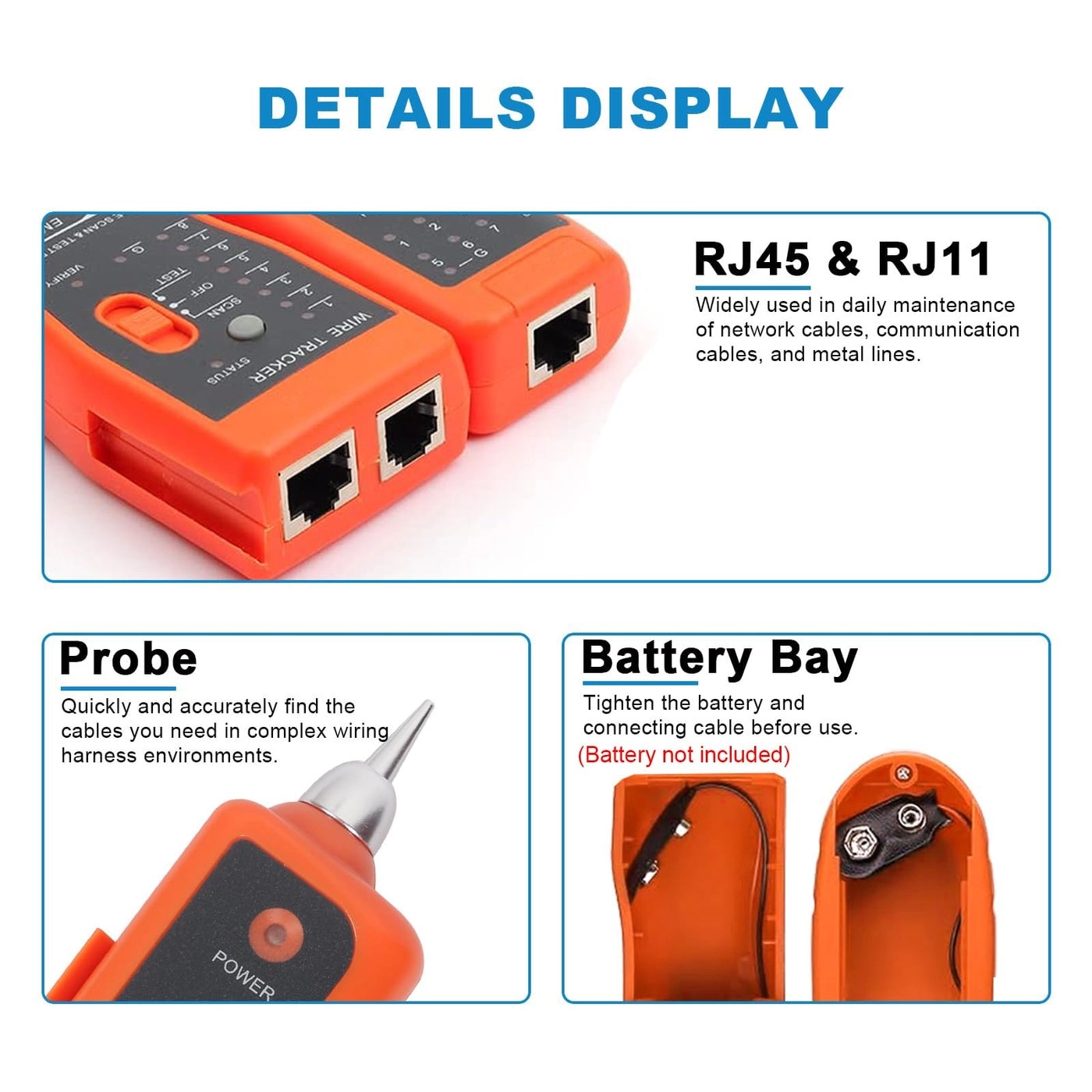 Ethernet Network Cable Tester - RJ11 RJ45 + Network Wire Stripper Toolkit - 2 Orange