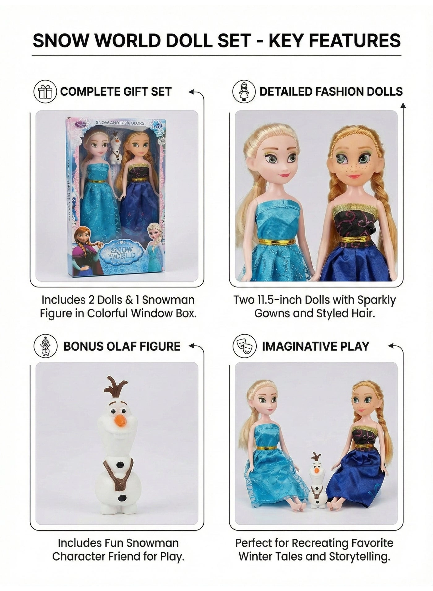 Elsa & Anna Doll Set - 11" Includes Olaf Figure Ages 3+