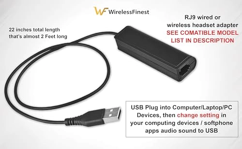 RJ9 Plug to USB Headset Adapter - for Plantronics Jabra Sennheiser Wireless DECT Headsets