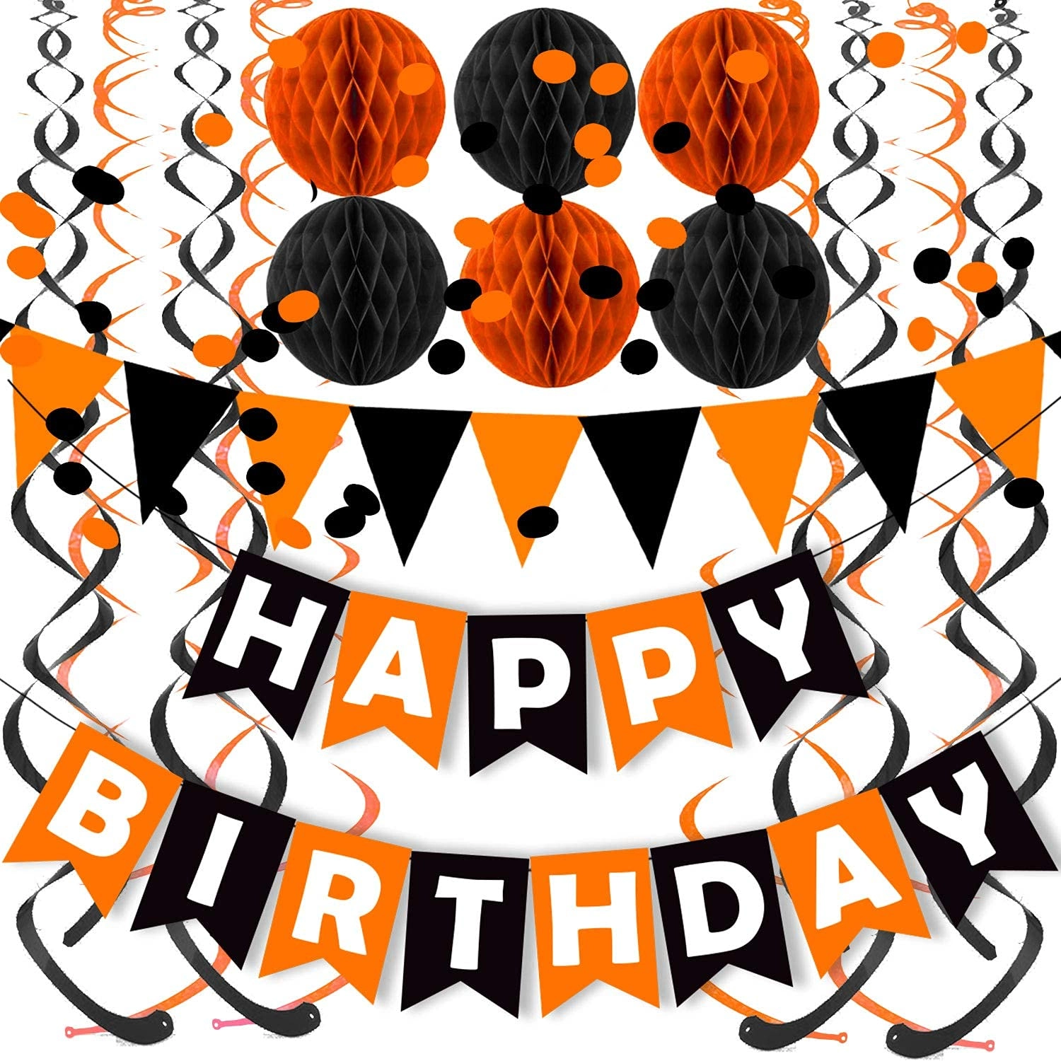fecedy Paper Triangle Flag Banner - 6pcs Honeycomb Ball; 6pcs paper swirls; 1pcs Confetti Circle Garland; 1pcs triangle bunting flag; 1pcs happy birthday banner Birthday