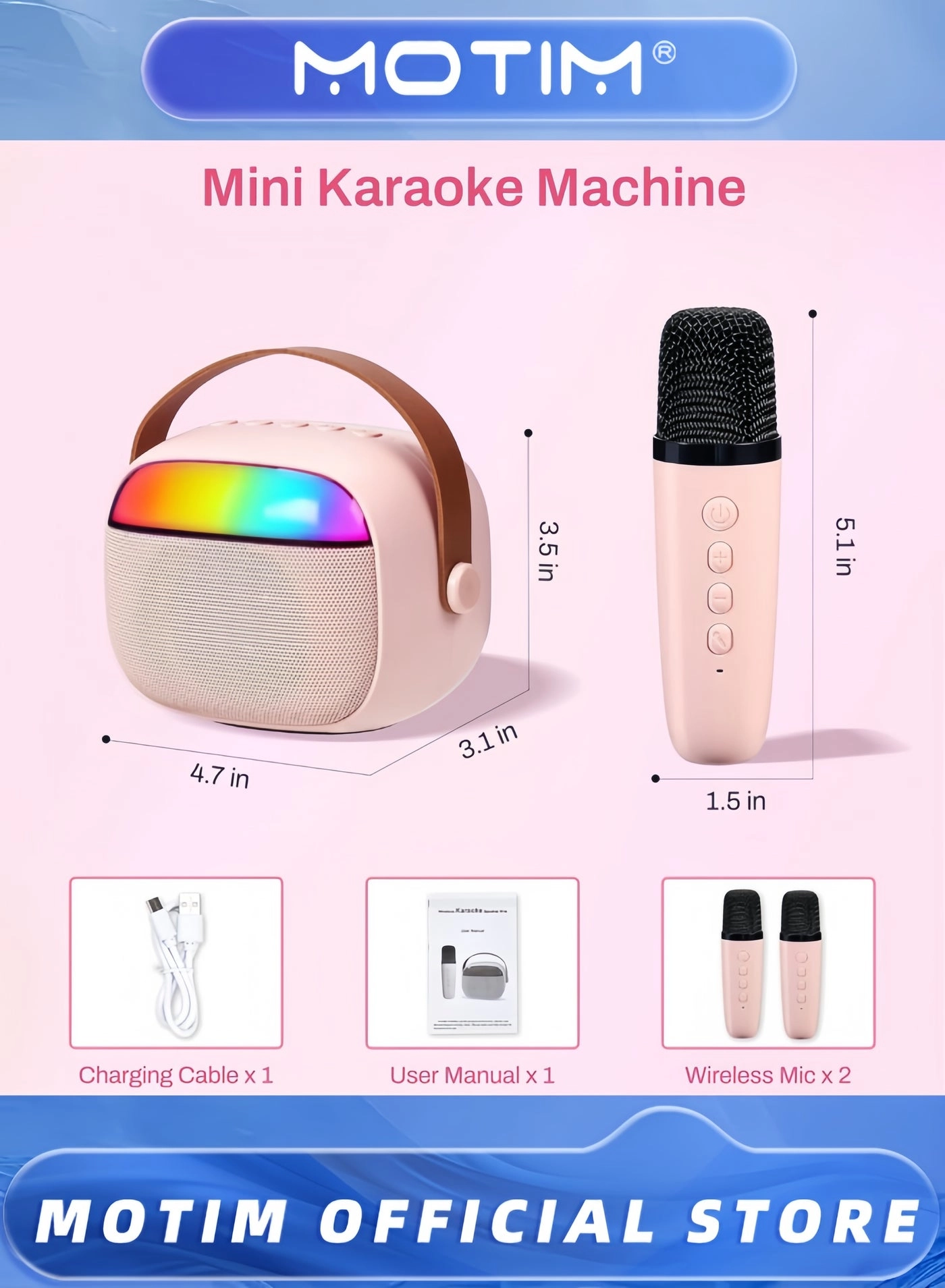 Mini Karaoke Machine - Portable Bluetooth Dual Wireless Microphones Pink