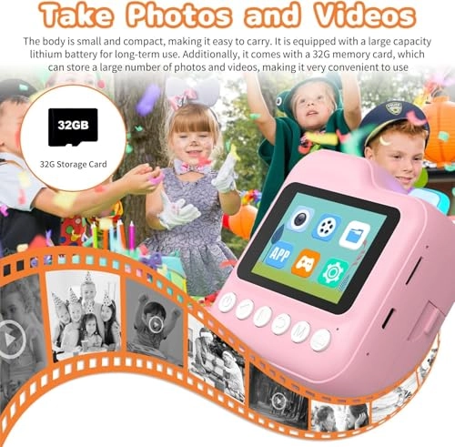 Kids Rechargeable Camera Instant Print - 1080P 2.4" LCD 32GB