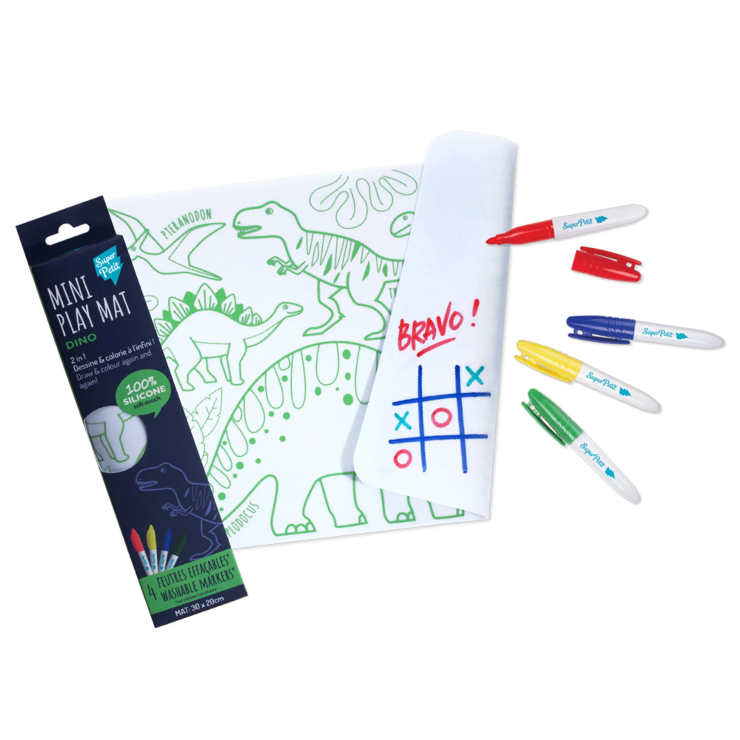 Super Petit Dino Reversible Mini Playmat - 3 years+ + markers - 4 pieces