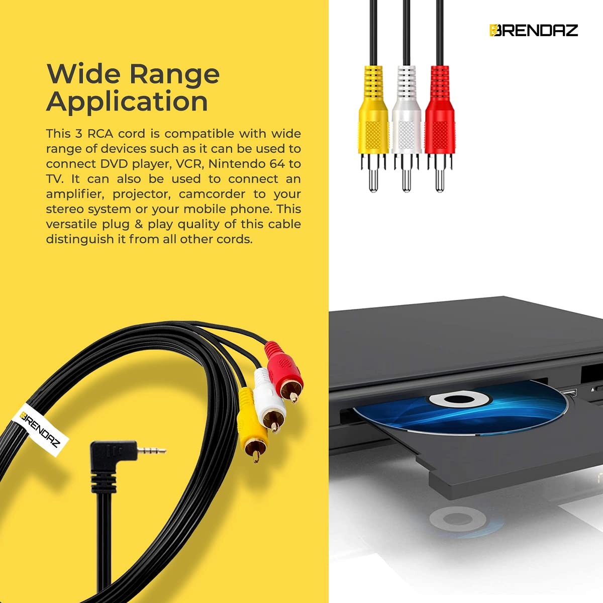 3.5mm to 3 RCA Male Plug Extension Cord - 6 feet